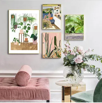 Художественная картина на холсте, настенная картина с скандинавской печатью, Модная девушка, Иллюстрация листьев растений, Украшение для дома, гостиной, Безрамное