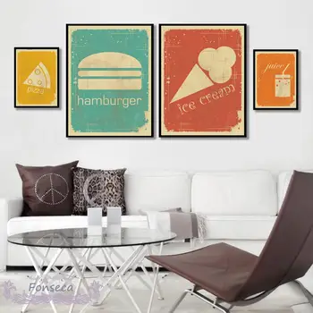 Винтажный плакат с едой в скандинавском стиле, мультфильм, Гамбургер, Хот-дог, пицца, кофе, мороженое, плакат на холсте, настенные рисунки для кухни