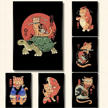 Японский плакат с забавными животными и принтом, картина на холсте с татуировкой карпа и кота в скандинавском стиле, современная настенная картина для домашнего декора гостиной