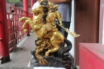 20-дюймовая статуя китайского Медно-бронзового Позолоченного Дракона Гуань Гун с Мечом в руке, верхом на лошади