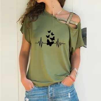 Женская свободная футболка с мультяшным принтом Heartbeat Butterfly, подарок для влюбленных, Новые Сексуальные топы с перекрестной повязкой на шее для женщин