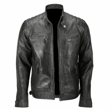 Мужская кожаная куртка байкерская стеганая винтажная потертая мотоциклетная куртка Cafe Racer Кожаная верхняя одежда