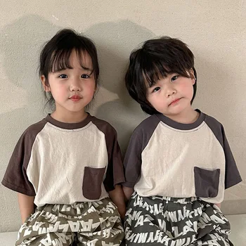 Летняя футболка для маленьких девочек и мальчиков из хлопка с короткими рукавами в корейском стиле, детская повседневная свободная футболка, детская одежда