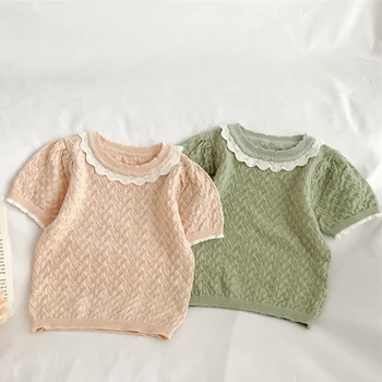 Летний детский свитер для новорожденных, Новые Тонкие вязаные свитера для маленьких девочек, детские пуловеры с оборками и коротким рукавом, топы в Корейском стиле