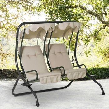 Современное двухместное кресло-качели для патио на открытом воздухе, сиденья для веранды с подстаканником и съемным навесом, бежевый