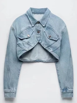 Новые Модные женские короткие джинсовые куртки с лацканами, карман с длинным рукавом, Однобортное однотонное пальто, осень 2023 г.