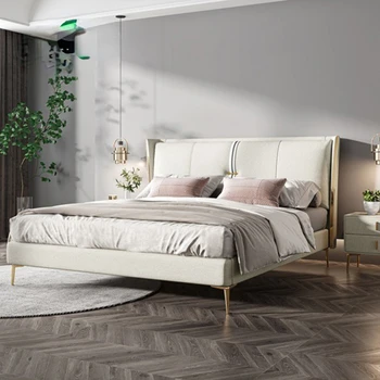 Каркас кровати в скандинавском стиле из натуральной кожи, Высококачественная двуспальная кровать из массива дерева с подсветкой King Size Cama 180x200