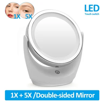 Светодиодное зеркало для макияжа с 5-кратным увеличением, Вращающееся портативное двустороннее косметическое зеркало Со светодиодной лампой, туалетное зеркало для туалетного столика