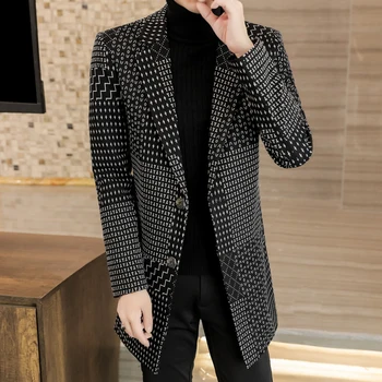 Осенне-зимнее новое мужское красивое модное деловое твидовое пальто средней длины 2022, клетчатый тренч, мужская куртка, твидовый топ