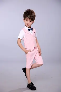 Летний Розовый официальный костюм для маленьких мальчиков, детский жилет + шорты, комплект из 2 предметов для фотосъемки, детское свадебное платье для вечеринки, костюм для церемонии