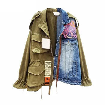 Джинсовая куртка, Верхняя одежда 2023, Весна-Осень, Лацкан С длинным рукавом, поддельные Джинсы из двух частей, винтажное пальто в стиле Пэчворк, женская куртка Высокого Качества
