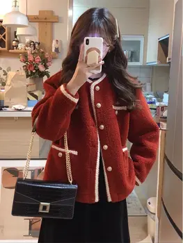 Осень-зима, красная куртка из овечьей шерсти, пальто, женские куртки со встроенным искусственным мехом, женская верхняя одежда, Корейские женские пальто 2023 Manteau Femme