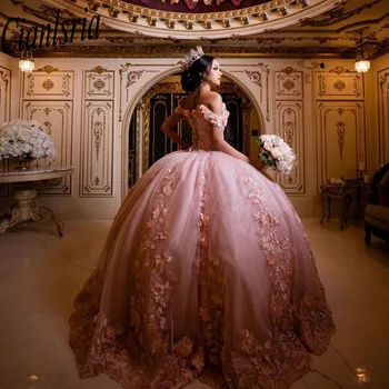 Розовые Пышные платья Мексиканское Бальное платье С открытыми плечами Принцессы Длинное Милое 16-летнее Платье Для выпускного вечера 15 лет