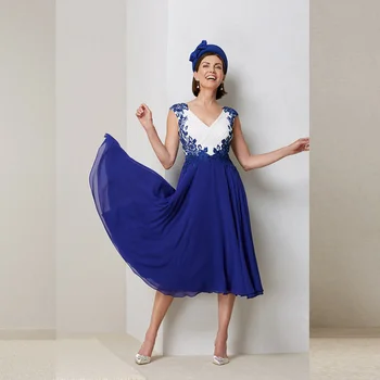Элегантные платья для матери невесты из королевского синего шифона с V-образным вырезом, свадебное платье без рукавов, аппликации, Трапециевидная длина, 2023 г.
