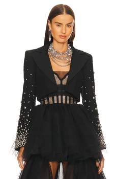 Высококачественный Короткий пиджак черного цвета с рукавами, расшитыми бисером, Модная офисная женская уличная одежда, женский наряд для вечерней вечеринки