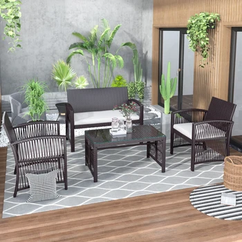 4 Предмета уличной мебели, ротанговый стул и стол, набор для патио, уличный диван для сада, заднего двора, веранды и бассейна, коричневый