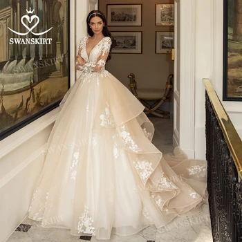 Свадебное платье с V-образным вырезом и Длинным рукавом 2023, Кружевное Бальное платье Невесты С аппликациями, Винтажное Платье Принцессы Свансары L105, Плюс Размер, Vestido De Novia