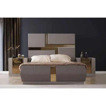Серая современная роскошная кровать Lorenzo Queen из массива дерева с металлическим рисунком из речного песка И красивым бронзовым зеркальным декором для помещений