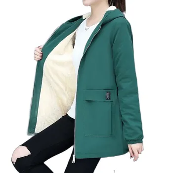 Женская ветровка 4XL, зима-осень, женская флисовая куртка, пальто, Свободное пальто средней длины с капюшоном, карман на молнии, женское базовое пальто