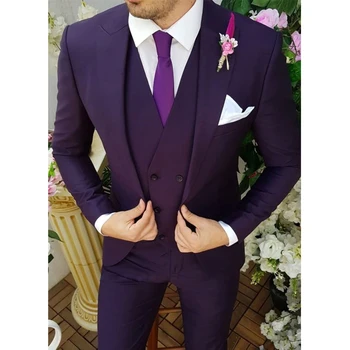 Модные фиолетовые мужские костюмы Свадебный жених, комплект из 3 предметов, куртка, жилет, брюки, приталенный комплект, профессиональный деловой костюм Homme, деловой блейзер