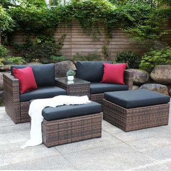 Набор модульных диванов для сада на открытой террасе из 5 предметов, коричневый Плетеный диван с черными и красными подушками, мебельный чехол