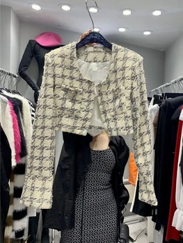 Весна 2023 Новый стиль, Контрастная панель с темпераментом, винтажное пальто в клетку, Короткая твидовая женская куртка
