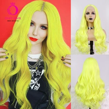 Мятно-желтый Синтетический парик на кружеве размером 13x4, объемная волна, Термостойкие Прямые кружевные парики, глубокая волна, парики для косплея в стиле Лолиты для женщин