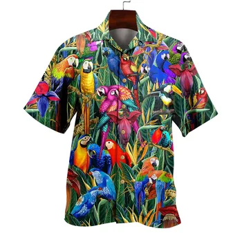 Модная Рубашка С Принтом Растения Попугай Мужская Гавайская Рубашка Пляжные Топы С Коротким Рукавом Футболки Летние Негабаритные 5xl Camisa Уличная Одежда