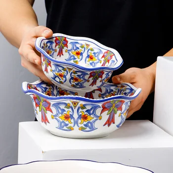 Креативная керамическая посуда Западная посуда в форме салатницы с ручной росписью бытовая рисовая миска бинауральная тарелка табличка vajilla
