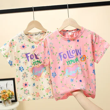 Детские футболки от 5 до 15 лет Для летних девочек с коротким рукавом и круглым вырезом с цветочным рисунком, свободные повседневные модные детские топы, футболки, одежда-футболка Hw22