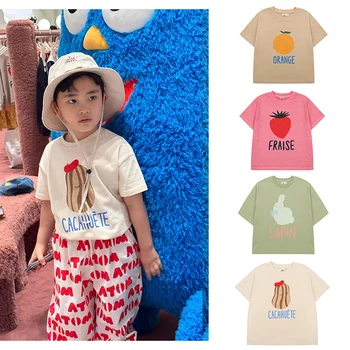 Лето 2023, Новая детская хлопковая футболка с короткими рукавами, удобная футболка с рисунком лимона и яблока для мальчиков и девочек.