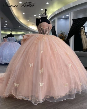 Светло-Розовое Бальное платье-Спагетти с Бабочками, Пышное Платье 2023 С Бантом, Платье Принцессы, Милое Платье 16, vestidos para quinceañe