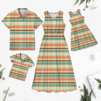 Летние Новые комплекты одежды для семьи, клетчатые рубашки с короткими рукавами и пуговицами, комплекты платьев, подходящие наряды для семьи