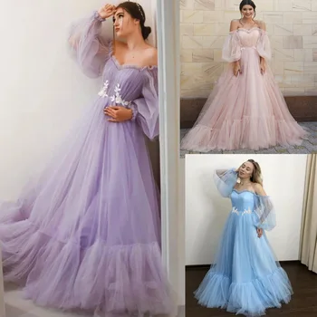 Розовые платья для выпускного вечера с длинным рукавом и открытыми плечами, газовое платье принцессы Vestido 2021, бальное платье для официальной вечеринки