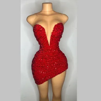Короткие выпускные платья с красными блестками для женщин 2023, вечерние платья русалки с прозрачным вырезом на заказ, выпускные платья на заказ
