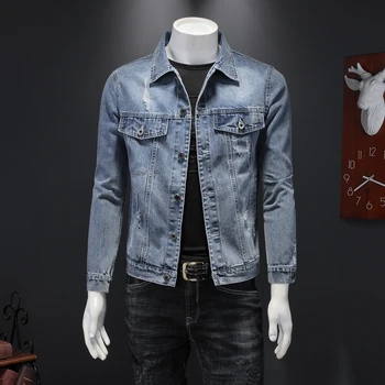 Мужская джинсовая куртка для работы, повседневная джинсовая куртка, уличная одежда, однотонный цвет, лацкан, джинсовая куртка, новинка 2023 года