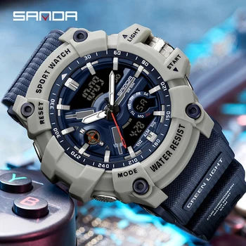 Международный SANDA Лидирующий бренд, военные спортивные часы на открытом воздухе, Водонепроницаемые мужские часы для плавания на 50 м, кварцевые часы с хронографом с двойным дисплеем
