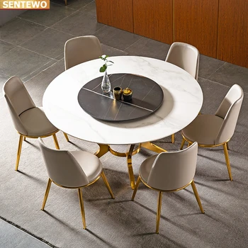 Дизайнерский Роскошный обеденный стол из круглой мраморной плиты с 4 стульями mesas comedor furniture meuble marbre с золотой основой из нержавеющей стали