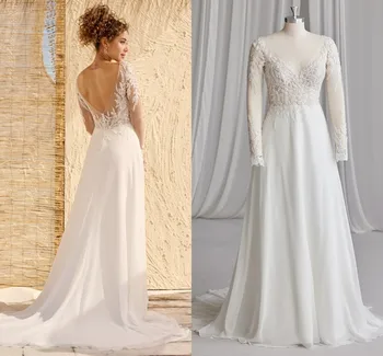 Шифоновое свадебное платье с открытой спиной, длинными рукавами из иллюзионного кружева и бисера, свадебные платья для пляжного отдыха abito da sposa
