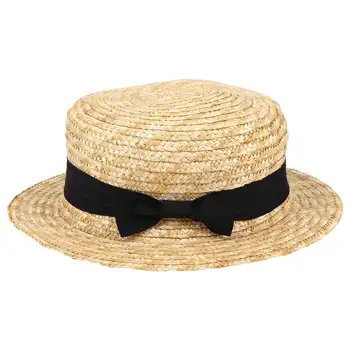 Милая детская соломенная шляпа для девочек, солнцезащитная шляпа с бантом, детская Пляжная летняя Канотье, Пляжная лента, Круглая Фетровая шляпа с плоским верхом