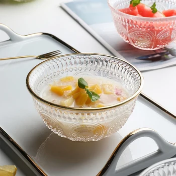 Чаши из прозрачного стекла с золотым ободком, сервировочная чаша с тиснением подсолнуха, отлично подходит для супа, салата, попкорна, закусок, фруктов, пасты, десерта, миски для овсянки