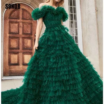 SONDR Зеленые Блестящие Тюлевые Многоуровневые вечерние платья с открытыми плечами, Вечерние длинные платья для вечеринок в стиле милой девушки, Платья для женщин 2023