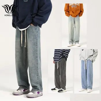Осенние новинки 2022 года, Уличные прямые свободные мужские джинсы с эластичной резинкой на талии, молодежная жизненная сила в стиле колледжа, Корейские брюки Y2k