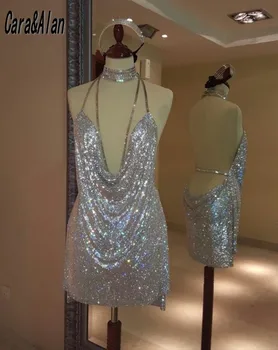 Блестящие вечерние платья с пайетками для женщин 2023, хрустальные короткие платья для выпускного вечера, Элегантное коктейльное платье для особых случаев без ожерелья