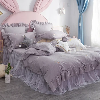 Хлопковая кровать Girly Heart из выстиранного хлопка, 4 из четырех частей, стеганое одеяло в стиле принцессы с бантом, покрывало, юбка для кровати
