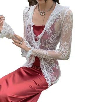 Новые женские Белые кружевные топы E-Girl с длинным рукавом и пуговицами, женская сексуальная блузка, прозрачная рубашка-кардиган из сетки Y2K