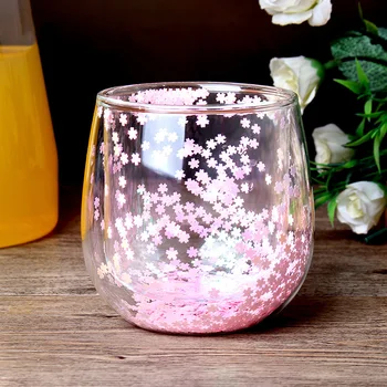 Двойная стеклянная кружка со встроенным романтическим цветочным блеском, Термостойкая чашка для воды с высоким содержанием боросиликата, Милая чашка для сока, Чашка для молока для завтрака