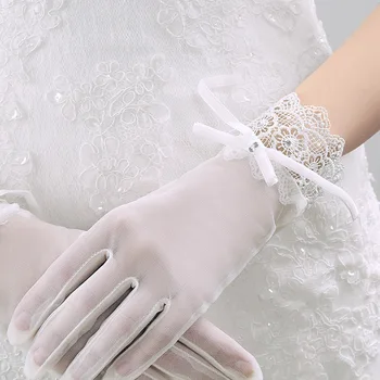 Элегантные женские свадебные перчатки с кружевной аппликацией и коротким бантом