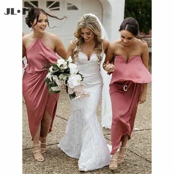 Розовое платье с высоким вырезом на бретелях, платья подружек невесты, платье для свадебной вечеринки, Шифоновое платье подружки невесты, платье для гостей на свадьбе