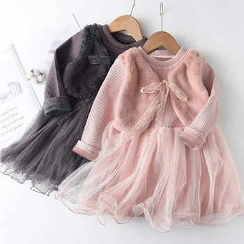 Бархатное платье принцессы из искусственного меха норки для девочек, состоящее из двух частей, осень и зима 2022, детское платье, теплая одежда из меха для девочек